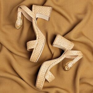 Larroude Tan Woven Wedges